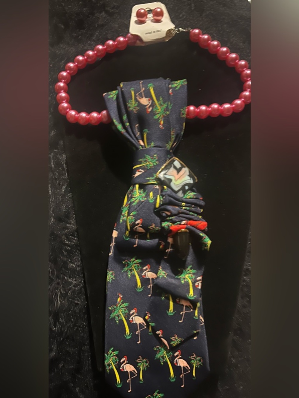 Navy Flamingo Print Tie with Tropical Palm Motifs